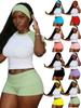 New Euro-America Raglan Color-block Sports Suit: Casual Short Sleeve Top, Solid Shorts & Headband