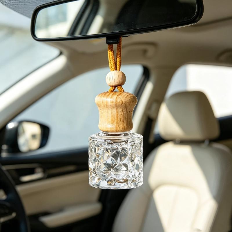 Empty Hanging Car Diffuser Bottles with Natural Wooden Lids Clear Glass Reusable for Homemade Car Air Fresheners