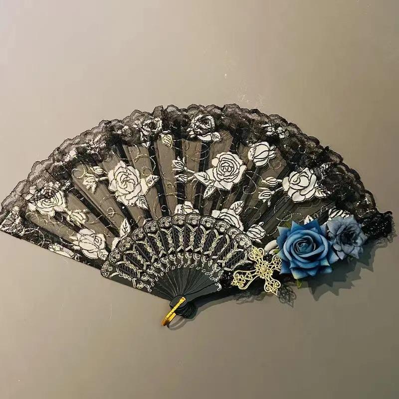 New Lolita Lace Folding Fan, Gorgeous Retro European Rose Fan, Tea Party Dark Style, Anime Expo Cosplay Prop