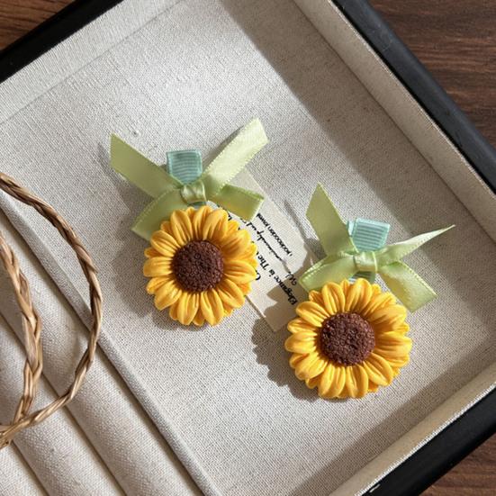 2Pcs Girl Hairpins Versatile Sunflower Decor Hair Clips Wide Soft Ribbon Decoration Side Bangs Hair Pins Hair Accessories
