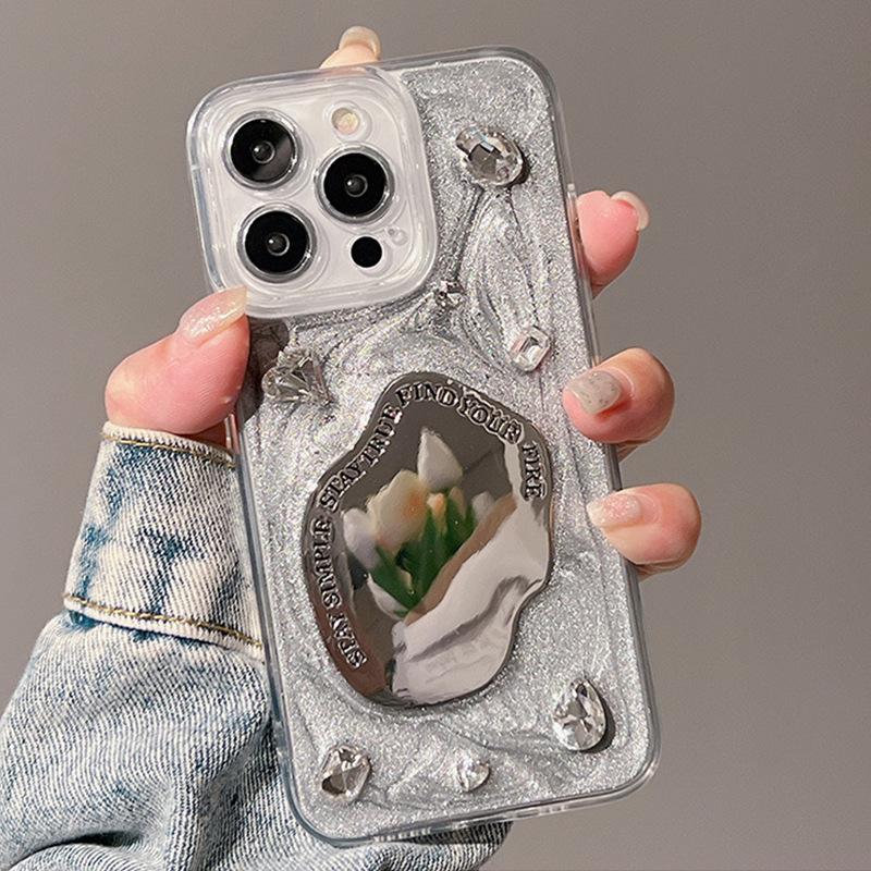 

Personalized Silver Gray Mobile Phone Case For Iphone16Promax Gemstone Apple 17 Rhinestone 15 Special-Shaped Metal 13 Women iPhone 17Promax