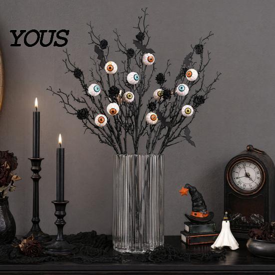Halloween Spooky Decor Black Artificial Branches, Scary Eyeballs Picks with Bats Pine Waterproof Cones for Gothic Vase Filler, Floral
