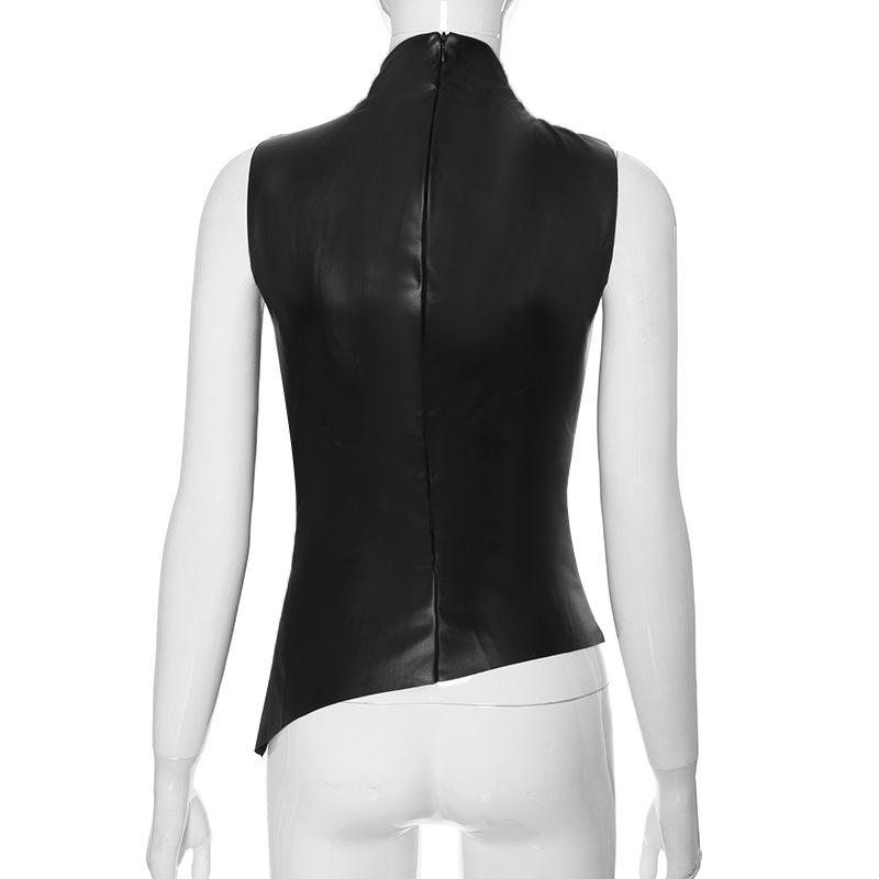 Tílko z PU kůže Vysoce módní Asymetrická halenka bez rukávů Zimní sexy tričko pro ženy Oblečení Y2K