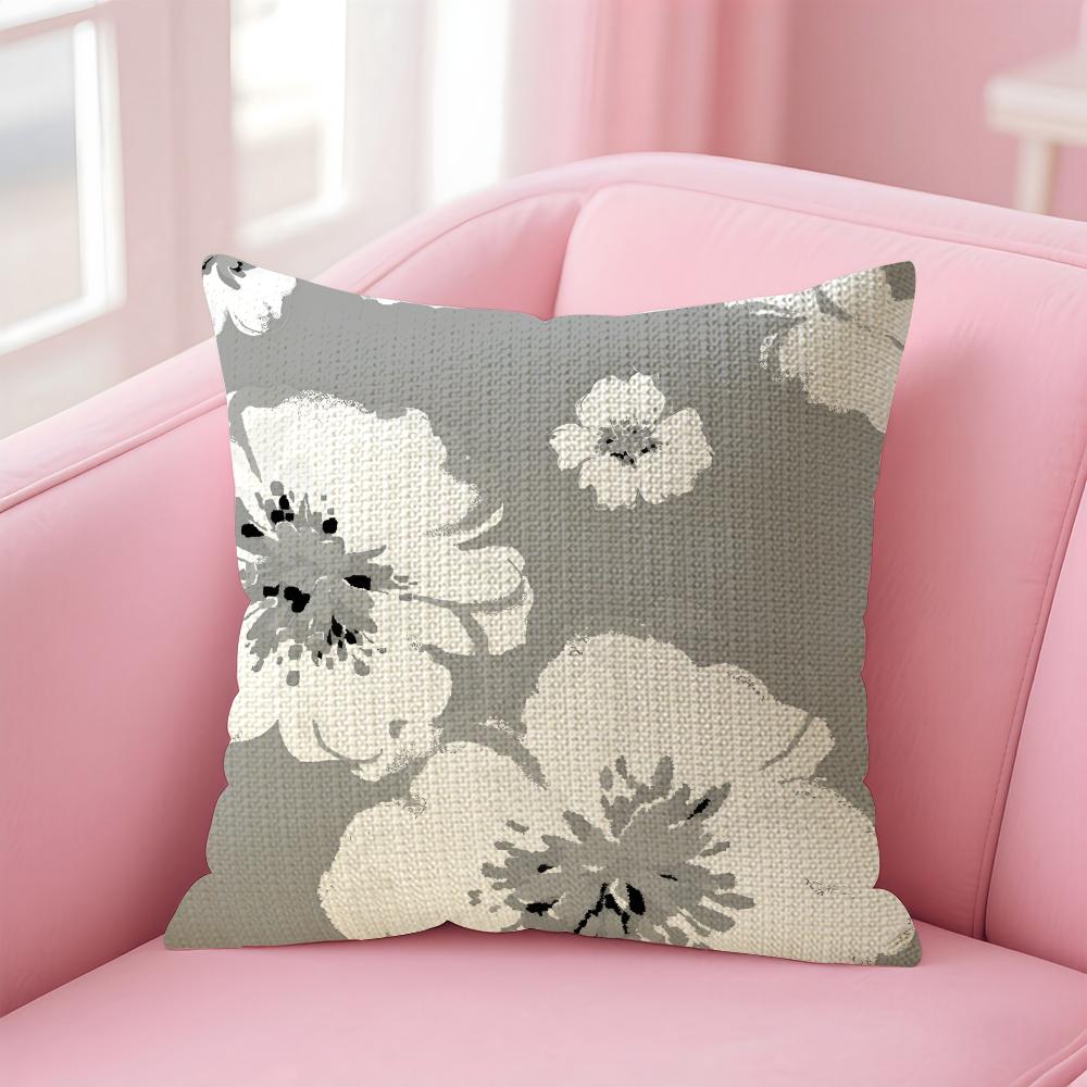 Gray White Flower Pattern Cushion Cover Natural Linen Pillow Case DoubleSided Print Decorative Sofa Pillowcase Home Decor Gift