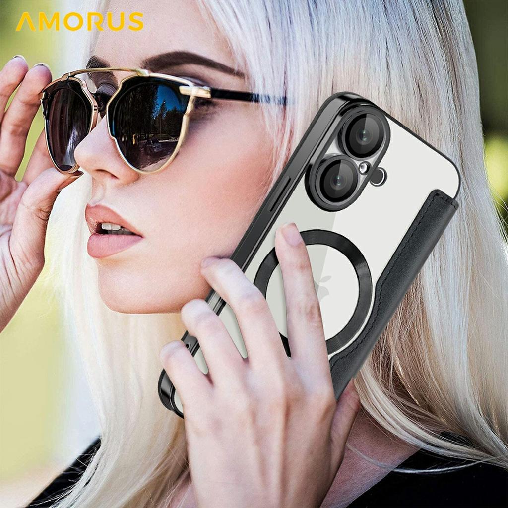 For iPhone 16 Plus Case Compatible with MagSafe RFID Blocking Card Holder Leather Phone Cover