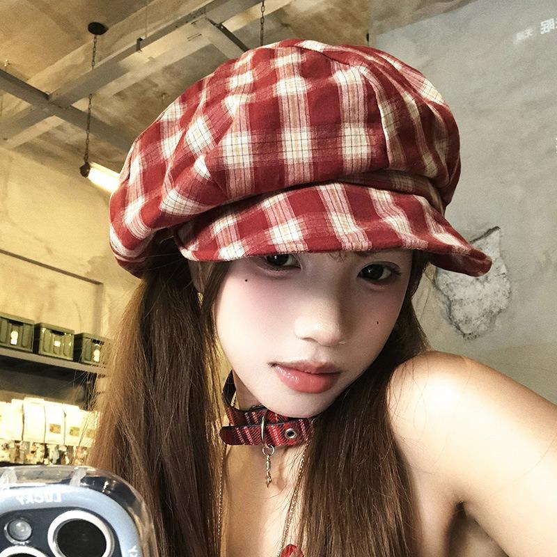 Women S Plaid Beret Hat Large Head Size College Style Japanese Vintage Autumn