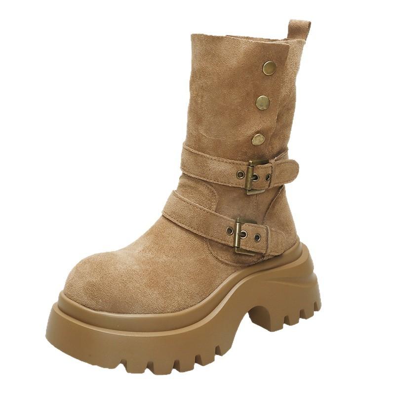 Khaki Platform Martin Boots Women's 2025 New Popular Maillard Short Boots Two Wear Suede Belt Buckle Medium Boots