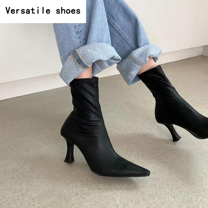 Black Women Ankle Boots Woman Thin High Heel Fashion Pointed Toe Zipper Winter Women's Shoes Leather White Short Booties