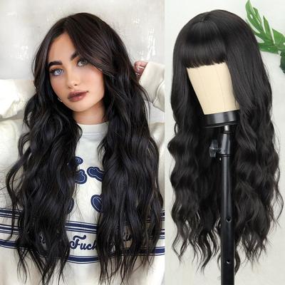 Synthetische lange gewellte Perücken mit Pony-Erweiterungen, natürliche hellblonde Perücke, Hochtemperaturfaser-Perücke für Frauen, Cosplay