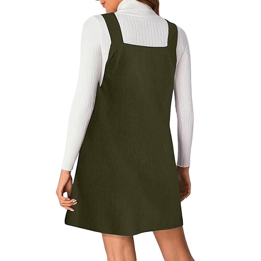 Women's V-neck Corduroy Overall Dress Sleeveless Casual Loose A-line Strap Dress