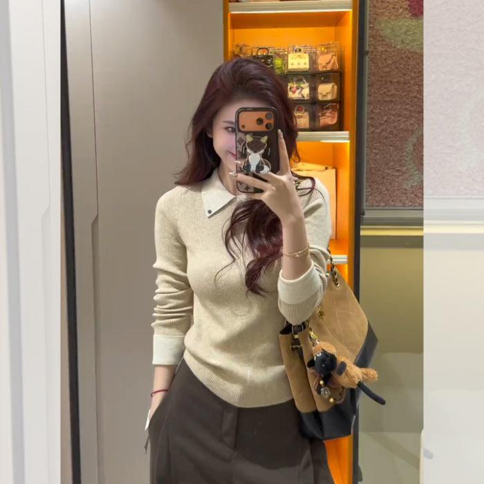Women's Colorblock Knit Polo Collar Sweater - Faux Two-Piece, Autumn/Winter Base Layer