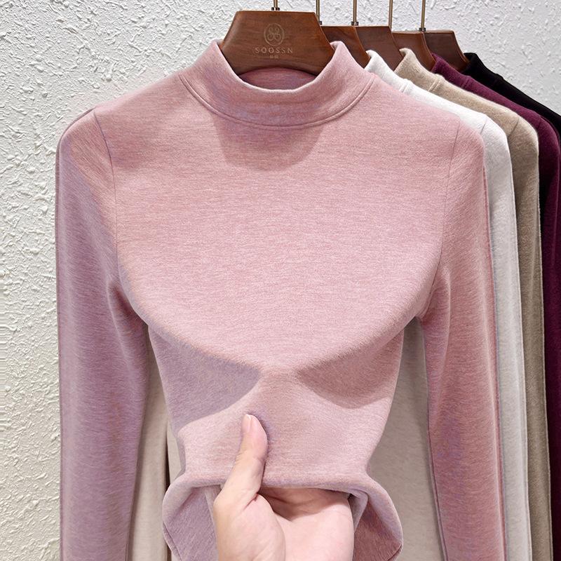 German Velvet Cashmere Semi-turtleneck Bottoming Shirt Women's Black Technology Thermal Clothing Autumn and Winter Thick with Velvet Black Top