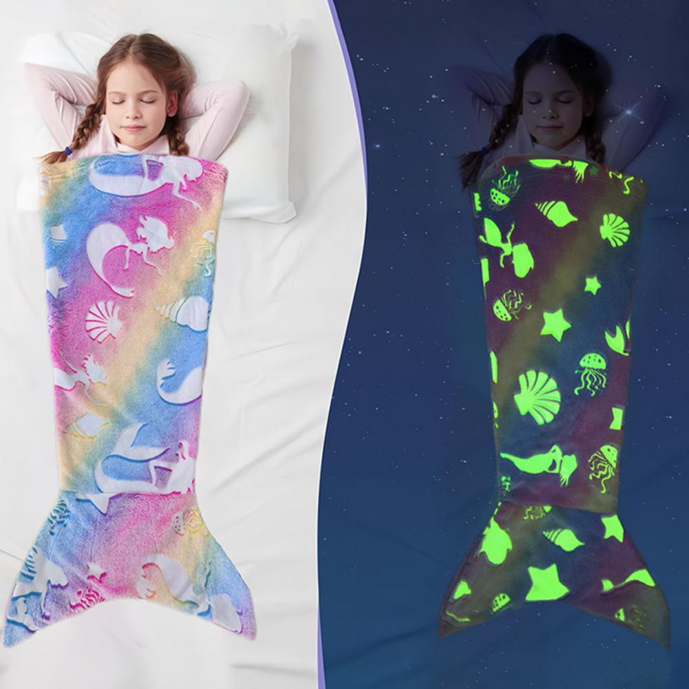 Blanket Wear Resistant Friendly To Skin Luminous Design Mermaid Blanket Breathable Plush Flannel Fleece Glowing Dark Blanket