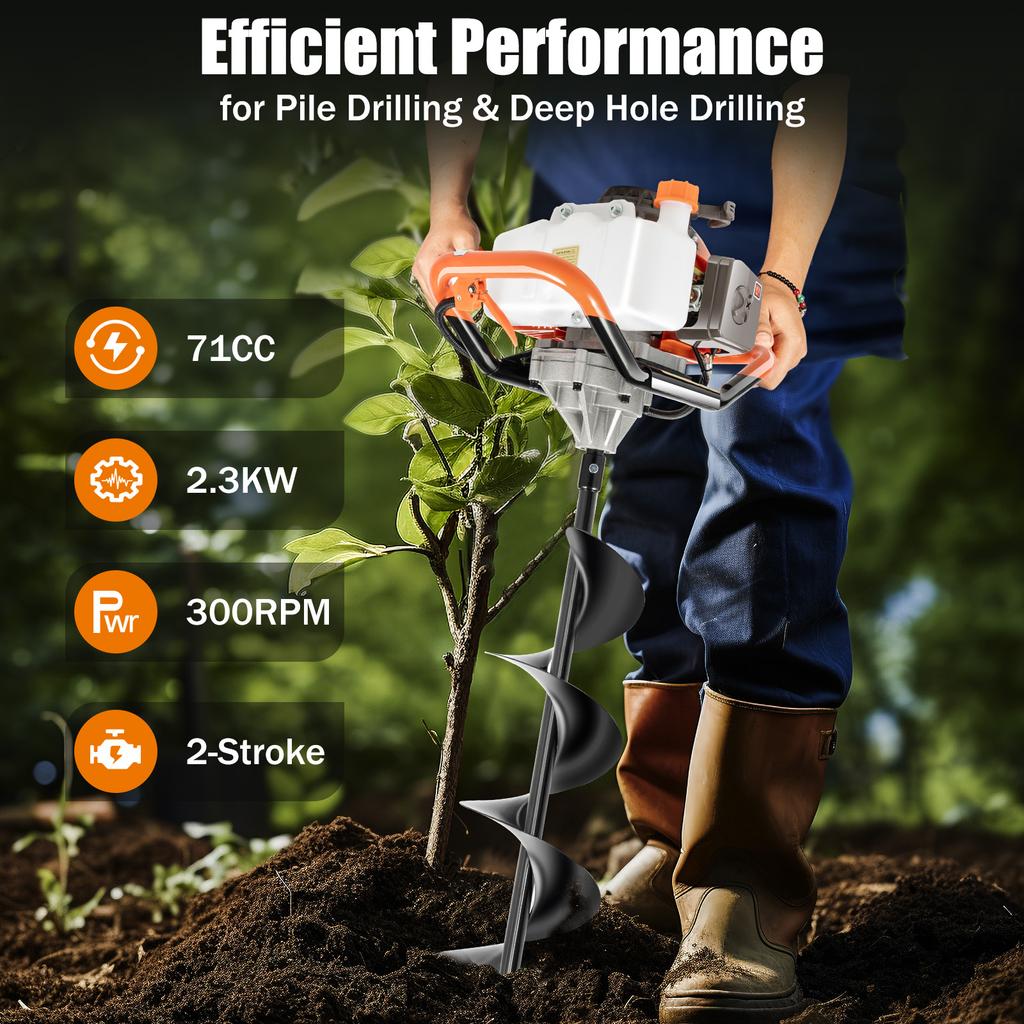71CC Post Hole Digger with 3 Drill Bits - 2.3KW Ice Auger 2-Stroke Garden Auger for Planting/Bulb Bedding