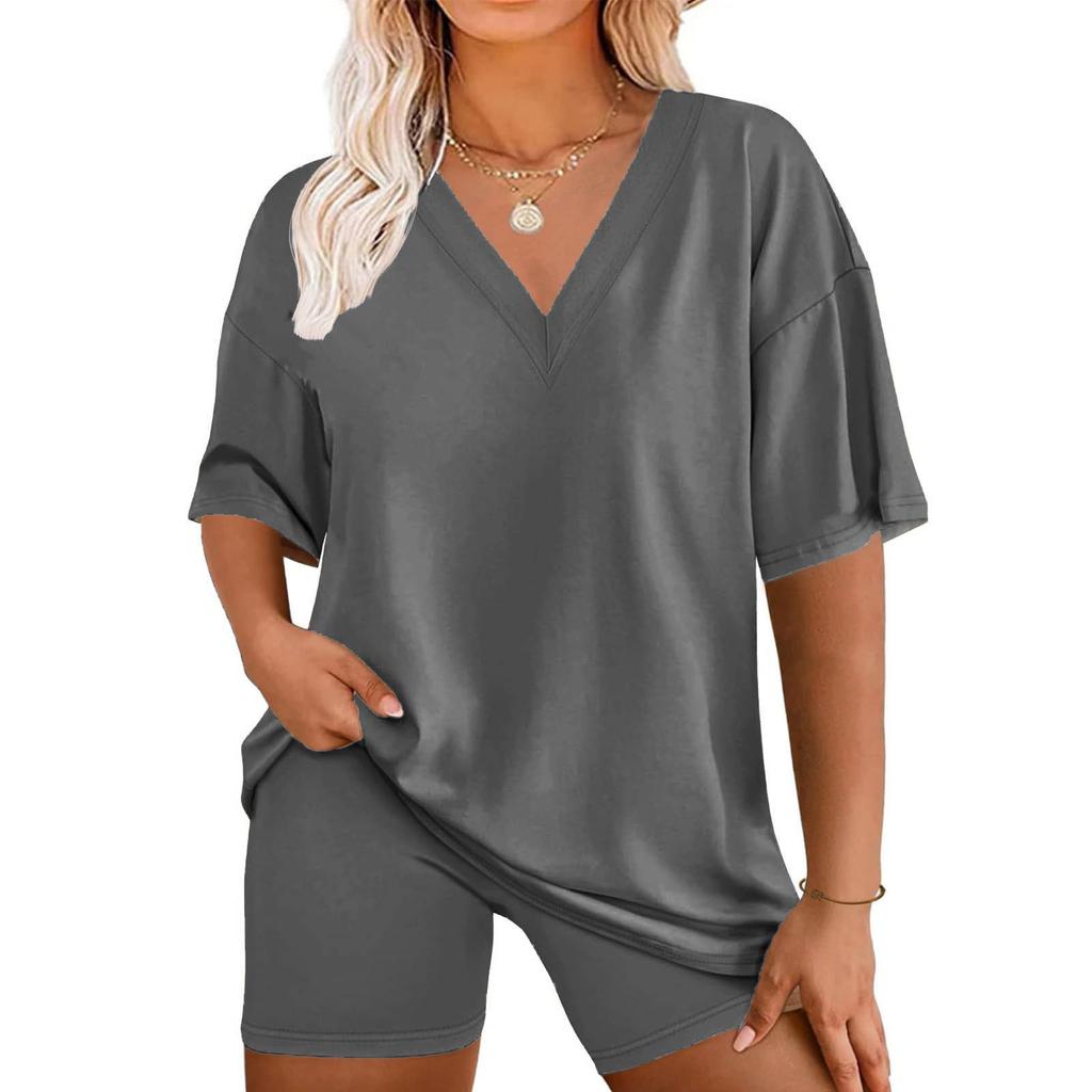 Women's Loose Fashion Solid Color Split V-Neck Short Sleeve Top Shorts Two Piece Set