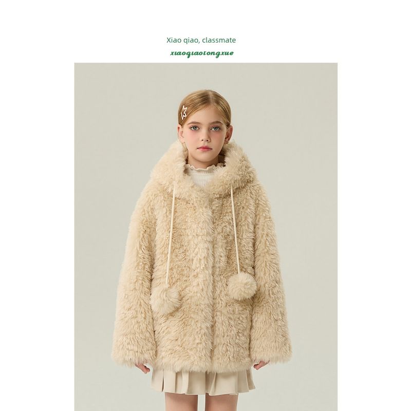 Children's Fur Coat 2025 Autumn and Winter New Style Girls' Korean Fleece Cardigan Little Girl's Furry Coat with Pom-Poms