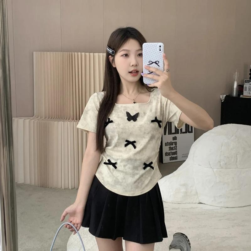 Женская футболка с квадратным вырезом, коротким рукавом и декором в виде банта M бежевый