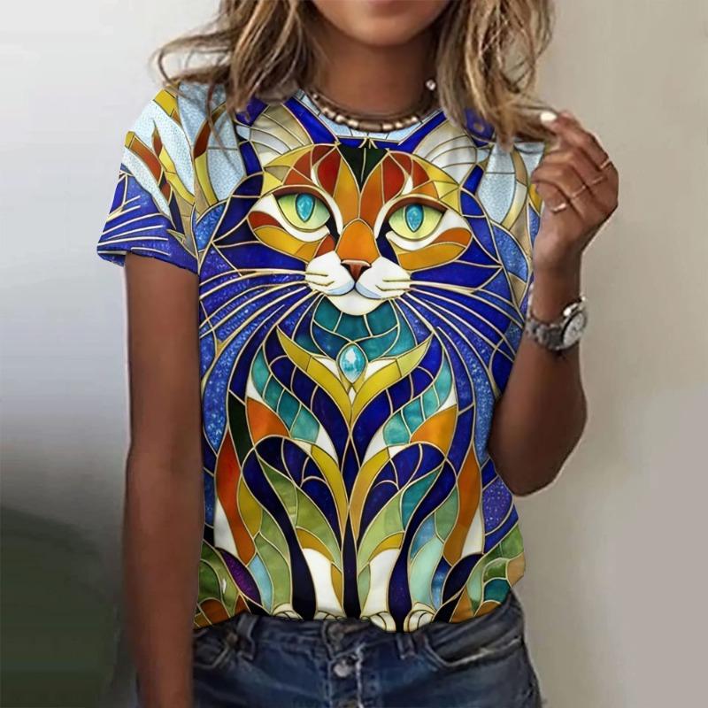 Summer Round Neck 3D Creative Cat Print Top Fashionable Casual Short Sleeved Women's T-shirts