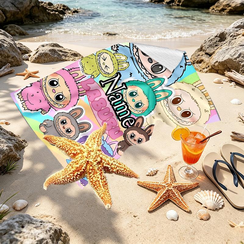 Custom Name Personalized Labubu Print Beach Towel, for Trip Camping Beach Party Home Decor, Birthday Gift for Family & Friends