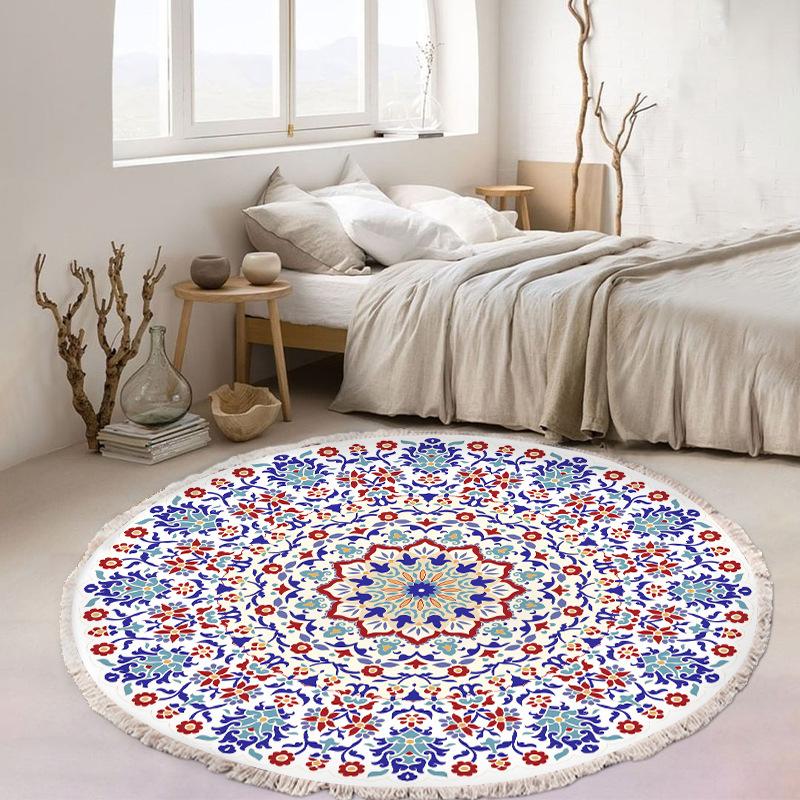 Nordic Cotton and Linen Home Leisure Non-slip Fringed Printed Round Carpet Living Room Floor Mat Bedroom Bedside Blanket