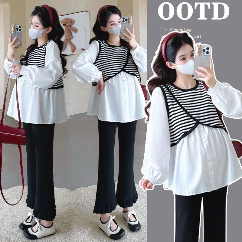 2026 Spring Fashionable Maternity Patchwork Two-Piece Top - Korean Style Loose Fit Belly-Covering Slimming Shirt Medium