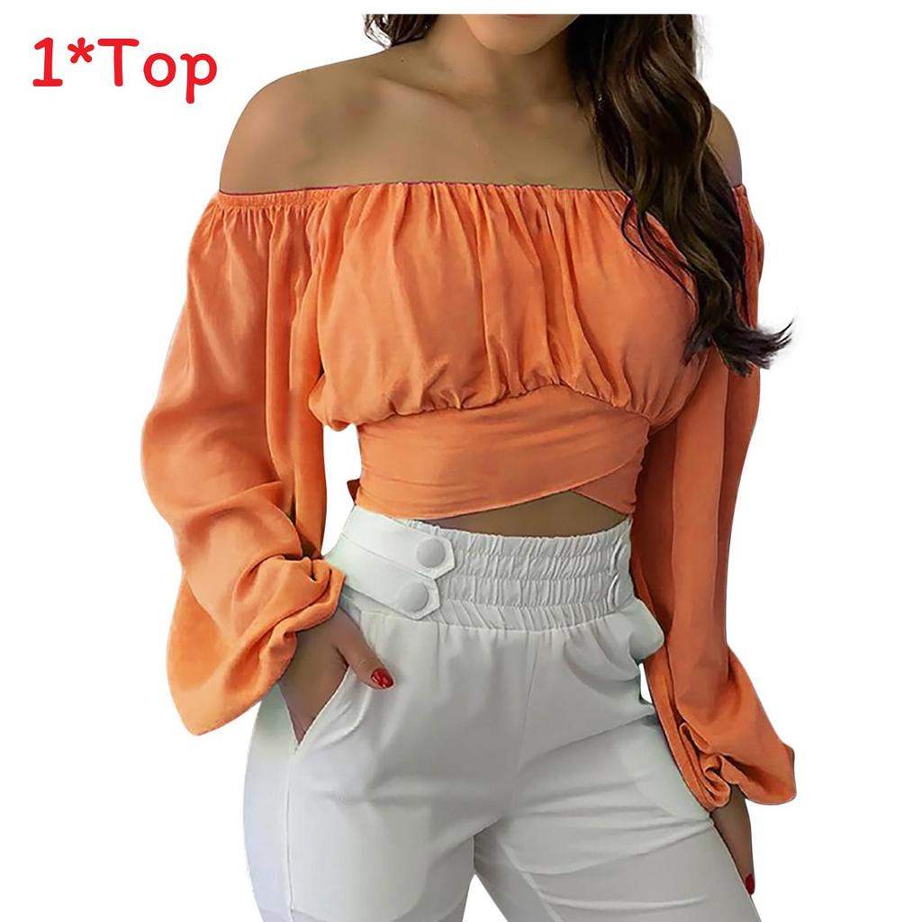 Spring Summer Womens Off Shoulder Cross Tie Long Sleeve Blouse For Casual Office Wear