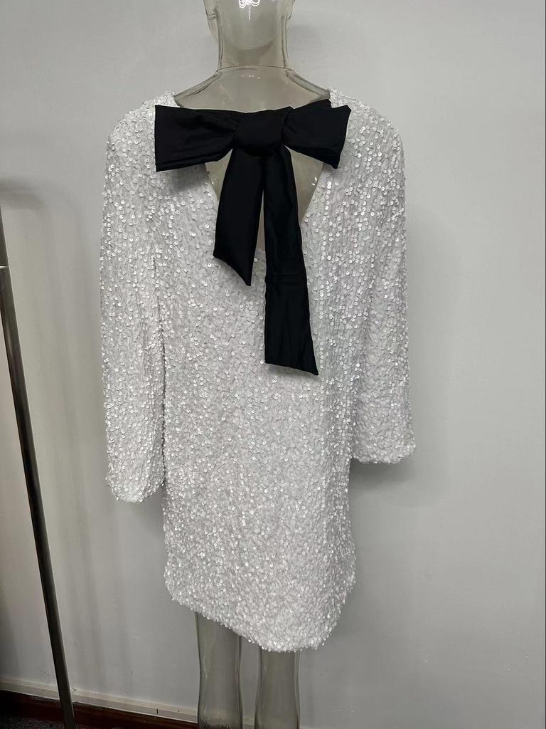 2024 Spring Women's Sequin Round Neck Long Sleeve Loose Fit Short Dress