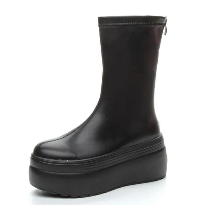 Fashion 8CM 2025 Microfiber Leather Women Vulcanized High Heels White Shoes ZIP Increase Casual Ankle Boots Platform Wedge Shoes