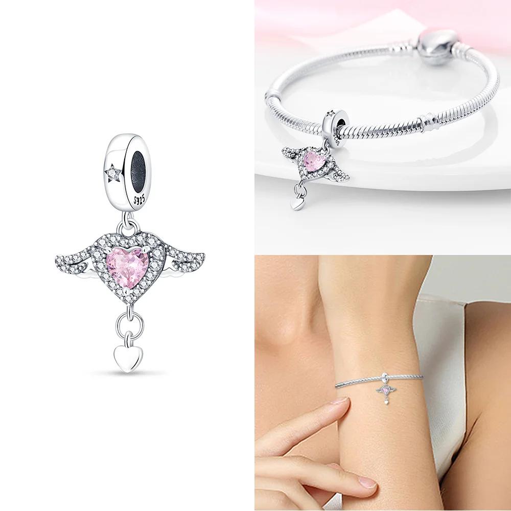 Pink Zircon Open Front Love Couple Sweater Copper Charms Beads Original Fit Bracelet Women Delicacy Diy Girlfriend'S Gift