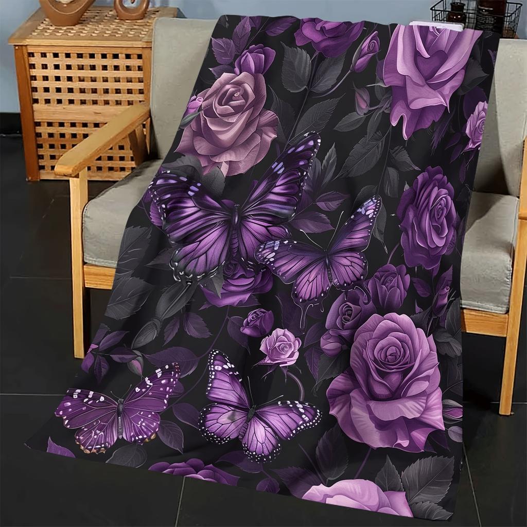 1pc Gift Blanket For Daughter Purple Petal Flower Butterfly Art Soft Blanket Flannel Blanket For Couch Sofa Office Bed Camping T