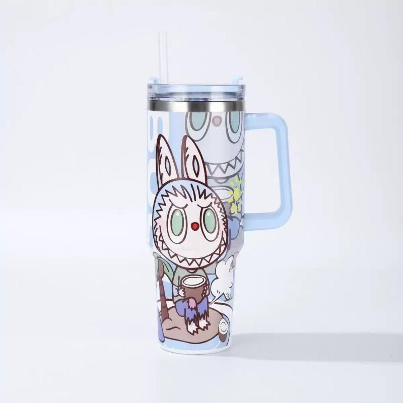Cartoon pattern Labubu 40oz car cup 304 stainless steel thermos cup Labubu car straw Bingba cup