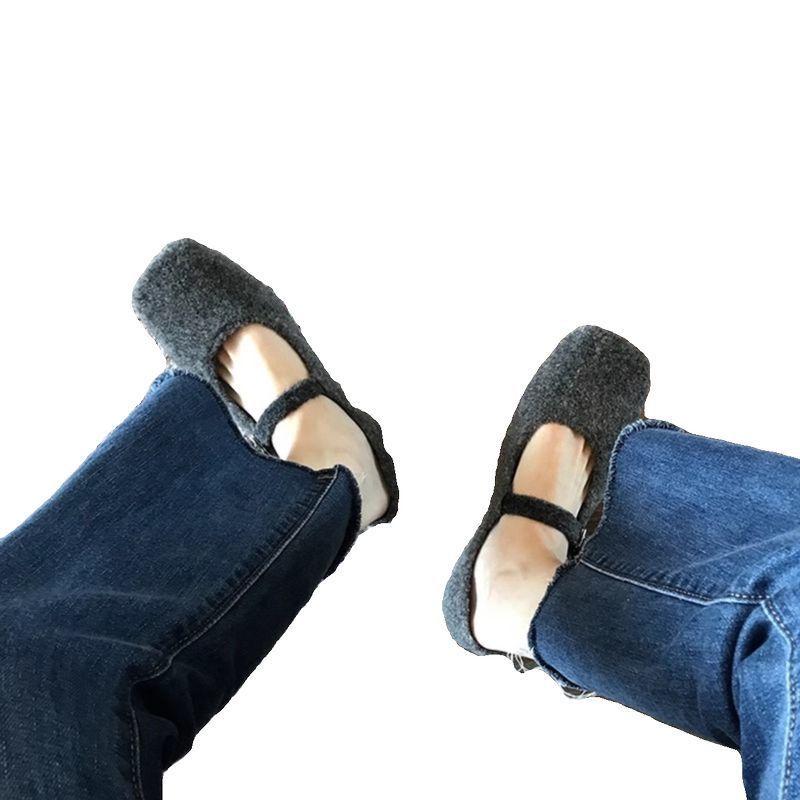 Nie, nie zmęczone stopy! Francuskie buty Mary Jane damskie 2025 nowe szare wełniane na jeden pasek z kwadratowym noskiem na płaskiej podeszwie z płytkim wycięciem czółenka