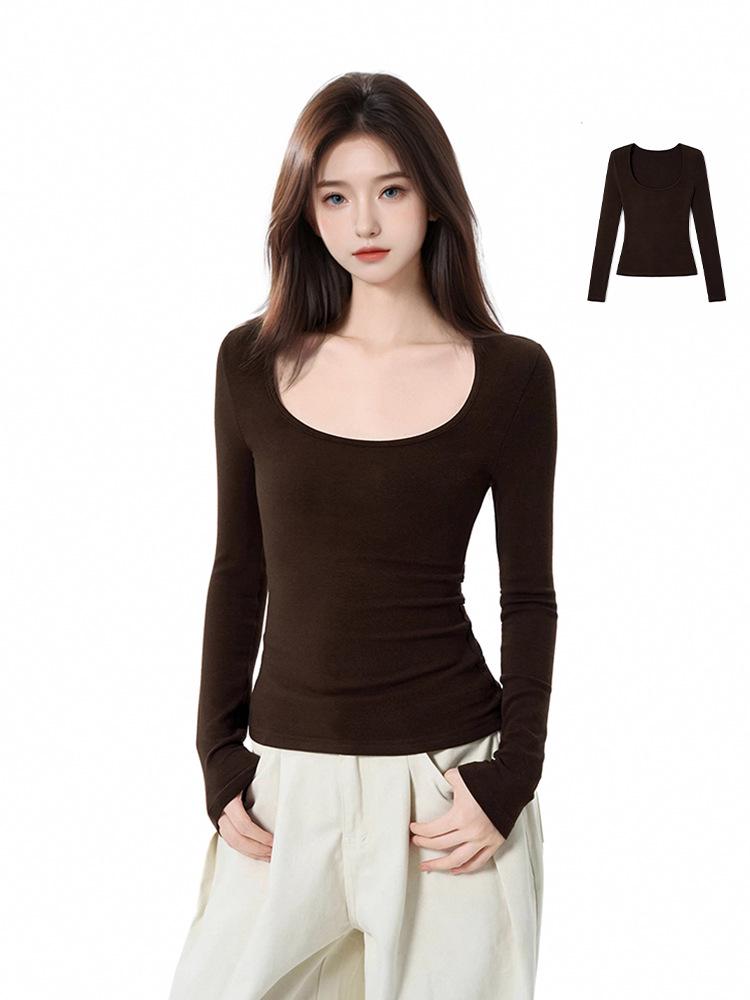 Women's Coffee U-Neck Slim-Fit Long-Sleeve Base Layer for Autumn/Winter