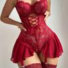 Sexy Lace Lingerie Set Sheer Mesh Cami Nightdress Garter Belt Bodysuit Women