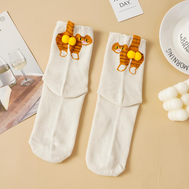 Cartoon Cat Egg Socks Soft Breathable Cute Mid Tube Cotton Socks 3D Cat Egg Balls Unique Design Trendy Funny