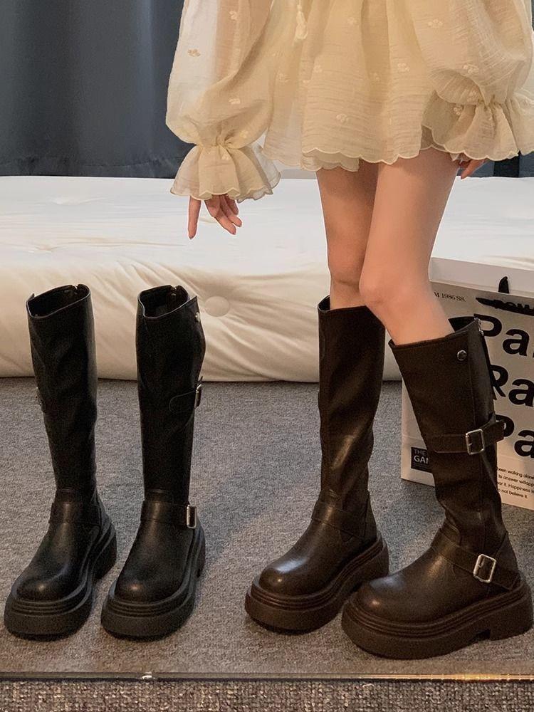 Thick heel thick sole thin elastic boots boots women's 2025 new autumn and winter brown small tall knight boots
