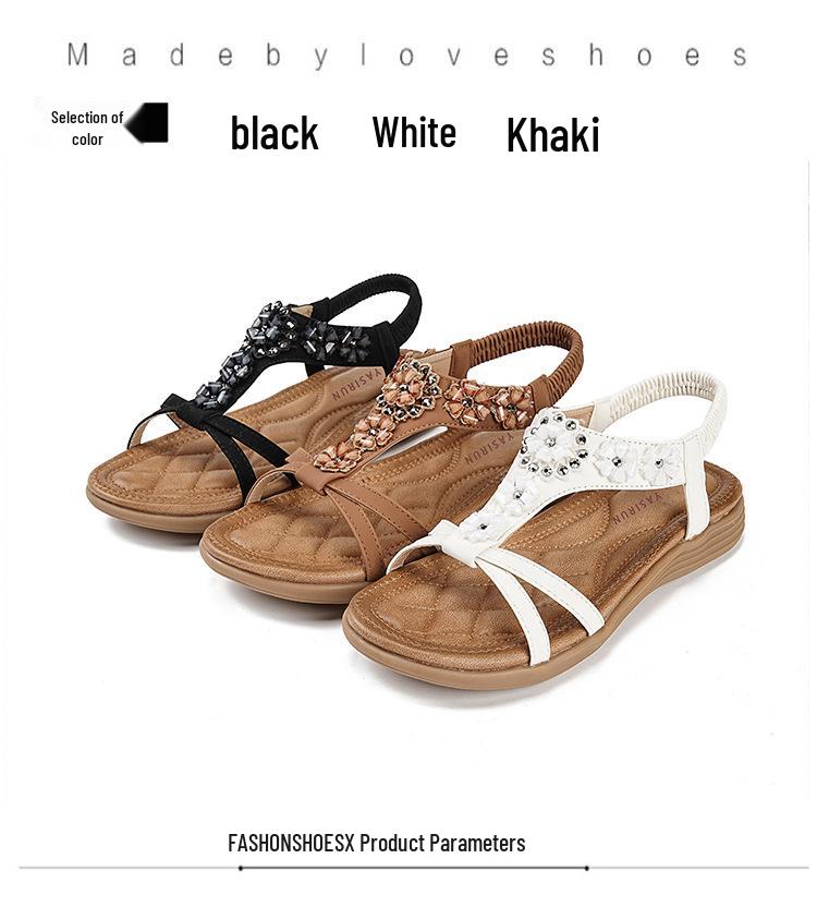 Summer 2026 Women's Bohemian Wedge Sandals with Flowers and Rhinestones, Large Size Beach Shoes