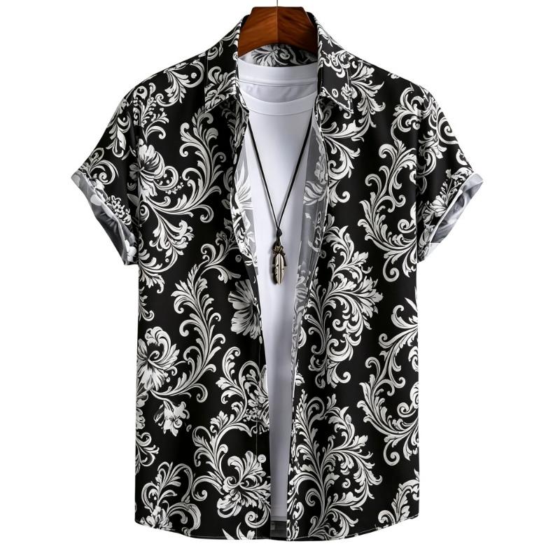 Men's Retro Sketch Flower Manuscript Printed Short Sleeve Shirt, Collar Button Cardigan, Hawaii Vacation Shirt