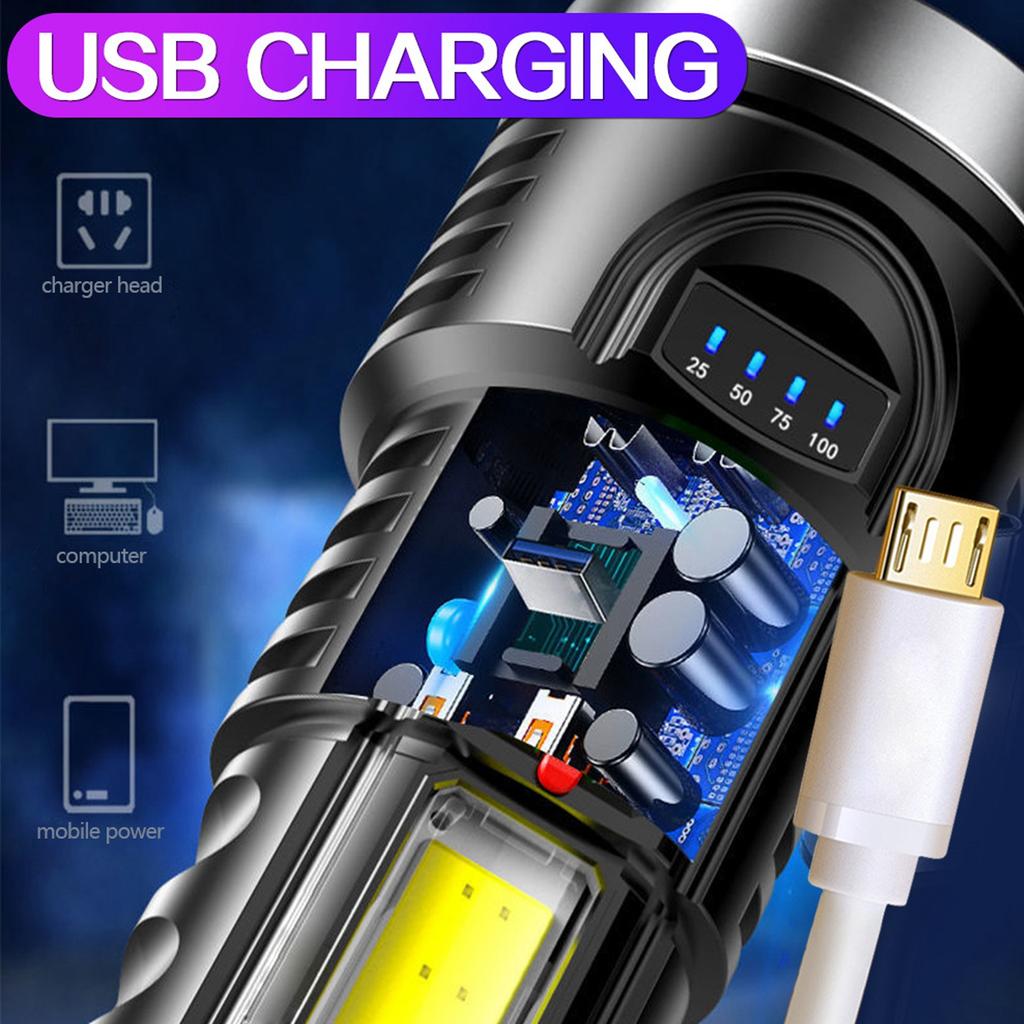USB Rechargeable Flashlight 500LM Waterproof COB Lampwick Portable Handheld Flashlight for Outdoor Camping Hiking Fishing