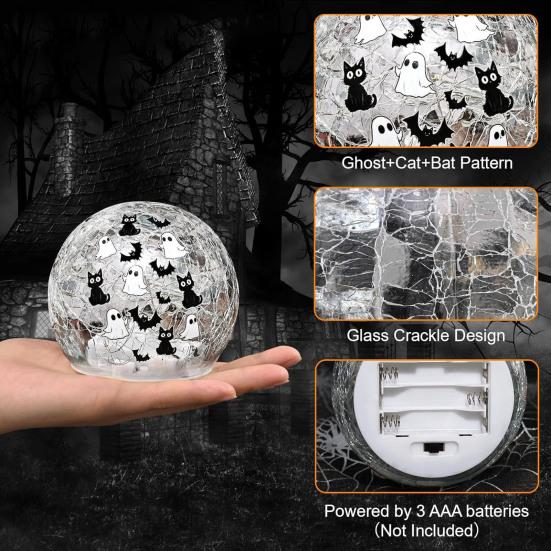 Crackle LED Glass Ball Lamp Halloween Ghost Bat Cat Cracked Ball Light with Warm Light for Halloween Walkway Path Garden Tabletop Decor
