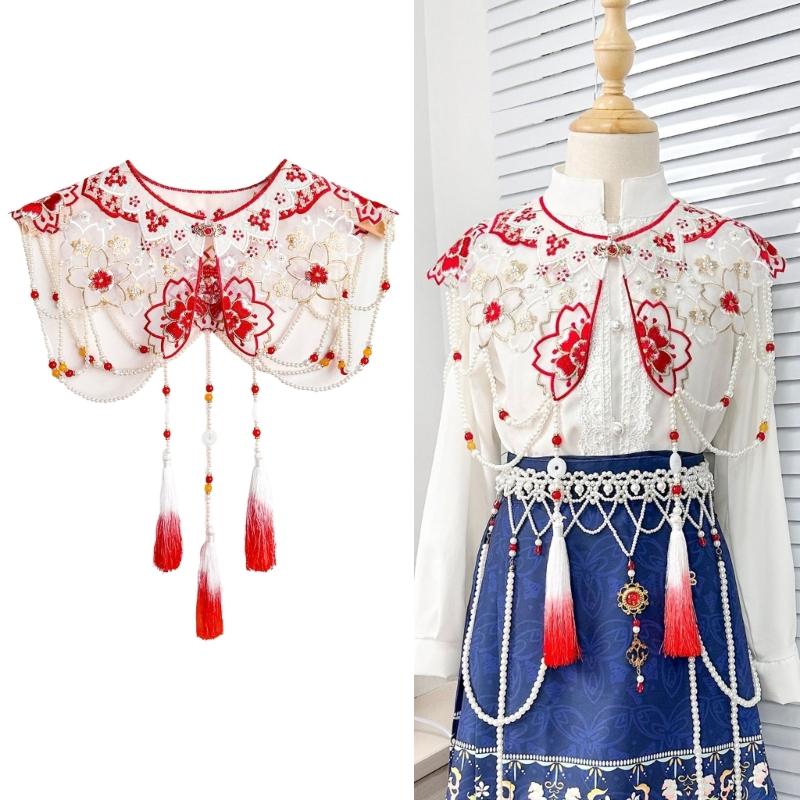 Traditional Chinese Styles Embroidery Collar Tassels Pearls Detachable Cloud Cape Decorative Collar Costume Accessory