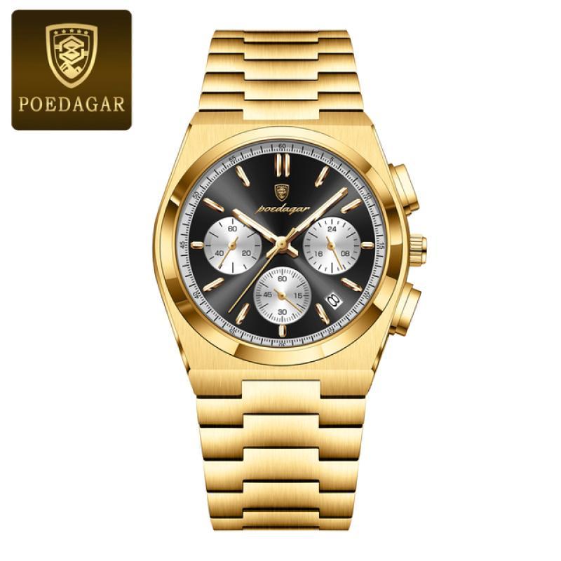 POEDAGAR Luxusní hodinky Quartz Sportovní vojenské hodinky pro muže Vodotěsné hodinky z nerezové oceli se světelným datem a chronografem