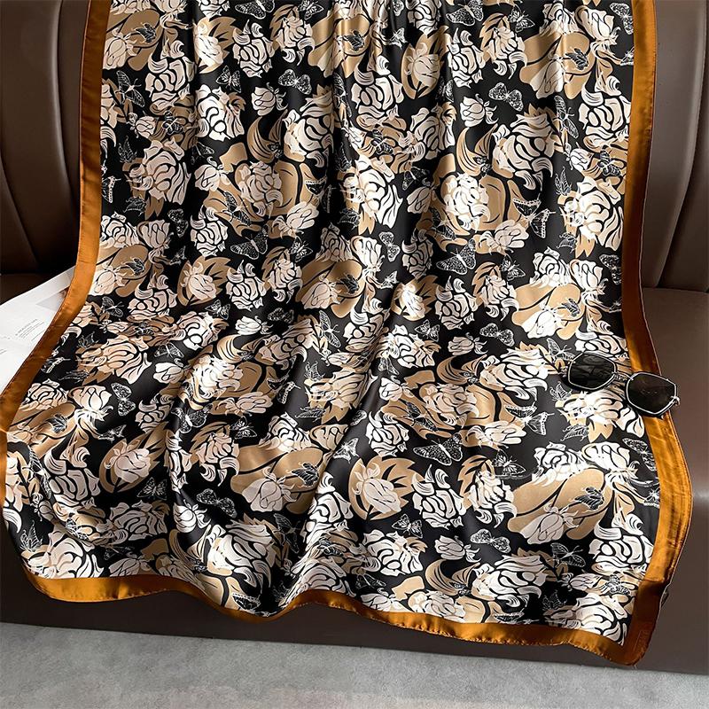New Elegant Women Silk Scarf Beach Wrap Shawl Vintage Satin Floral Print Sunscreen Bandana Hijab Mujer Boho Scarve Foulard Pareo