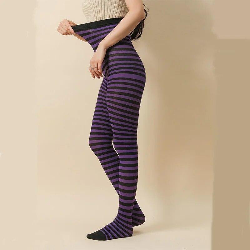 Gothic-Punk-Strumpfhose für Damen, gestreift, Regenbogen, lange Strumpfhose, Halloween, Weihnachten, hohe Taille, Cosplay-Strumpf, elastische, dünne Legging
