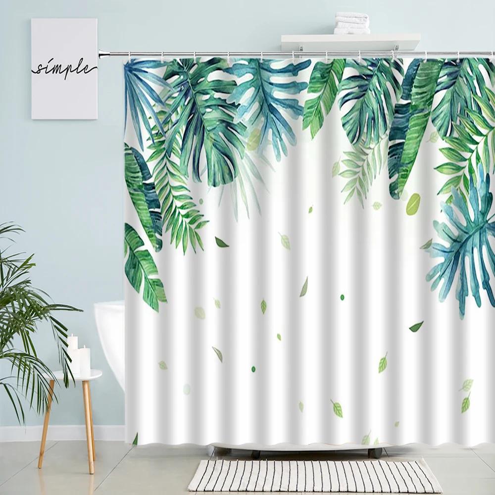 Tropisk Grön Växt Palmblad Badrum Duschdraperier Sommar Djungel Tyg Vattentätt Krokar Hängande Draperi Badskärm Dekor