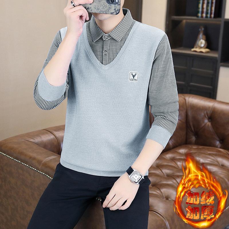 Cămașă groasă călduroasă pentru bărbați, căptușită, imitație două piese, țesături de înaltă calitate, pulover la modă și versatil