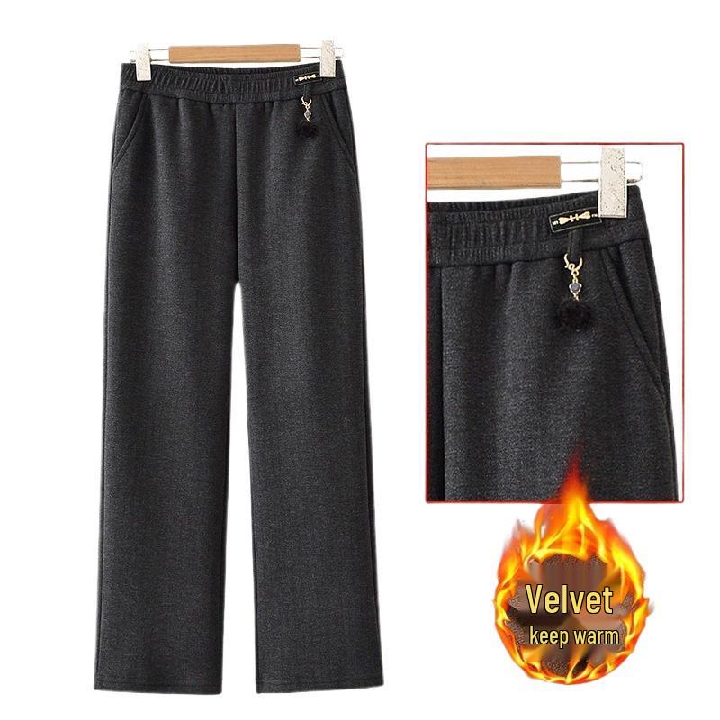 2025 Fall/Winter Plus Velvet Thickened Elastic Waist Straight-Leg Pants for Middle-Aged & Elderly Women