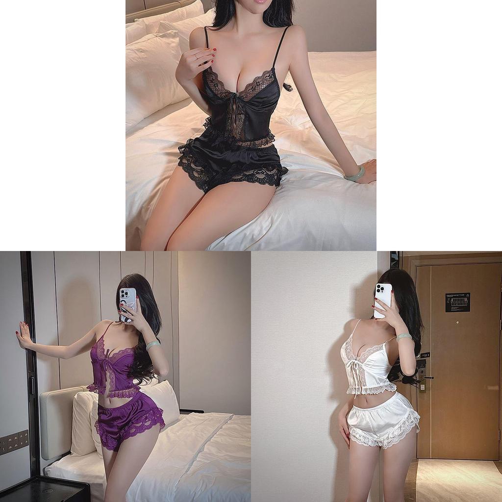 Satin Lingerie Set With Lace Ice Silk Strap Sleepwear For Women