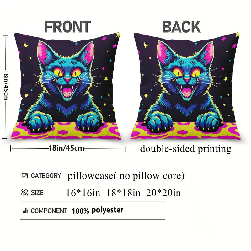 Neon Party Cat Pillow Cover 2D Printed Polyester Sofa Cushion Case – Vibrant Design For Home, Beach & Camping Decor