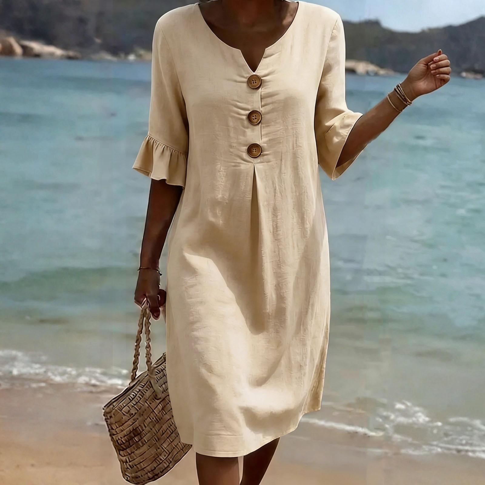 Women s Fashion Summer -Color Casual Cotton-Linen Dress L